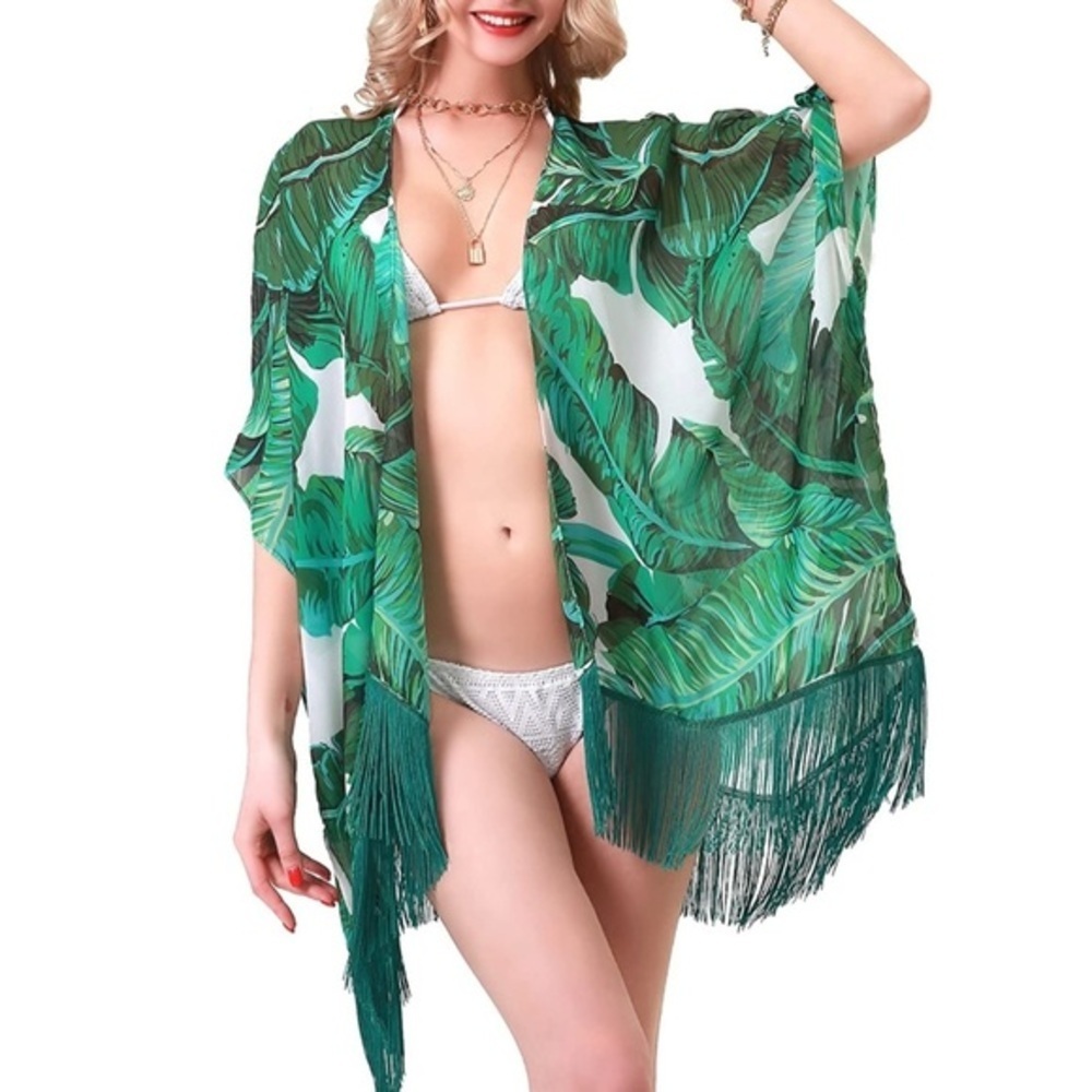 Women’s Tropical Palm Leaf Green Kimono Swim Coverup Cardigan Fringe